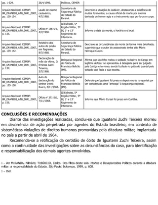 pp. 1-329. 26/4/1996. Políticos, CEMDP.
Arquivo Nacional, CEMDP:
BR_DFANBSB_AT0_0041_0007,
pp. 130-134.
Laudo de exame
cadavérico,
4/7/1968.
Secretaria de
Segurança Pública
do Estado do
Paraná.
Descreve a situação do cadáver, destacando a existência de
muitos ferimentos, a causa oficial da morte por anemia
derivada de hemorragia e o instrumento que perfurou o corpo.
Arquivo Nacional, CEMDP:
BR_DFANBSB_AT0_0041_0007,
p. 135.
Ofício no
186-s/1,
4/7/1968.
III Exército, 5ª
Região Militar, 5ª
DI, 1o
e 13o
Regimento de
Infantaria.
Informa a data da morte, o horário e o local.
Arquivo Nacional, CEMDP:
BR_DFANBSB_AT0_0041_0007,
pp. 139-142.
Relatório dos
autos de prisão
em flagrante,
8/7/1968.
Secretaria de
Segurança Pública
do Estado do
Paraná.
Descreve as circunstâncias da morte de forma mais detalhada,
sugerindo que o autor do assassinato tenha sido Mário
Henrique Curzel.
Arquivo Nacional, CEMDP:
BR_DFANBSB_AT0_0041_0007,
p. 137.
Declaração da
mãe da vítima, D.
Ernesta Zuchi
Teixeira,
5/7/1968.
Delegacia Regional
de Polícia de
Francisco Beltrão
(PR).
Afirma que seu filho matou o soldado no bairro do Cango em
legítima defesa; se apresentou à delegacia para ser julgado
pela Justiça e terminou sendo fuzilado no pátio do quartel pelo
soldado que fazia a sua escolta.
Arquivo Nacional, CEMDP:
BR_DFANBSB_AT0_0041_0007,
pp. 155-158.
Auto de
declaração do
senhor Irineo
Ruaro, 8/11/1968.
Delegacia Regional
de Polícia de
Francisco Beltrão
(PR).
Defende que Iguatemi foi preso e depois morto no quartel por
ser considerado uma “ameaça” à segurança nacional.
Arquivo Nacional, CEMDP:
BR_DFANBSB_AT0_0041_0007,
p. 159.
Ofício no
371-S/1,
7/11/1968.
III Exército, 5ª
Região Militar, 5ª
DI, 1o
e 13o
Regimento de
Infantaria.
Informa que Mário Curzel foi preso em Curitiba.
CONCLUSÕES E RECOMENDAÇÕES
Diante das investigações realizadas, conclui-se que Iguatemi Zuchi Teixeira morreu
em decorrência de ação perpetrada por agentes do Estado brasileiro, em contexto de
sistemáticas violações de direitos humanos promovidas pela ditadura militar, implantada
no país a partir de abril de 1964.
Recomenda-se a retificação da certidão de óbito de Iguatemi Zuchi Teixeira, assim
como a continuidade das investigações sobre as circunstâncias do caso, para identificação
e responsabilização dos demais agentes envolvidos.
1 – Ver MIRANDA, Nilmário; TIBÚRCIO, Carlos. Dos filhos deste solo. Mortos e Desaparecidos Políticos durante a ditadura
militar: a responsabilidade do Estado. São Paulo: Boitempo, 1999, p. 608.
2 – Ibid.
 