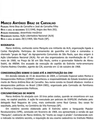 MARCO ANTÔNIO BRAZ DE CARVALHO
FILIAÇÃO: Anna Braz de Carvalho e José de Carvalho Filho
DATA E LOCAL DE NASCIMENTO: 5/1/1940, Angra dos Reis (RJ).
ATUAÇÃO PROFISSIONAL: desenhista mecânico
ORGANIZAÇÃO POLÍTICA: Ação Libertadora Nacional (ALN)
DATA E LOCAL DE MORTE: 28/1/1969, São Paulo (SP).
BIOGRAFIA
Marco Antônio, conhecido como Marquito era militante da ALN, organização ligada a
Carlos Marighella. Participou de treinamento de guerrilha em Cuba e comandou o
chamado “grupo de fogo” do Agrupamento Comunista de São Paulo, que deu origem à
Ação Libertadora Nacional (ALN). Foi um dos organizadores da manifestação do 1º de
maio de 1968, na Praça da Sé em São Paulo, contra o governador Roberto de Abreu
Sodré, da ARENA. Era acusado da execução do capitão do Exército norte-americano
Charles Rodney Chandler, agente da CIA, ocorrida em 12 de outubro de 1968.
CONSIDERAÇÕES SOBRE O CASO ATÉ A INSTITUIÇÃO DA CNV
Em decisão datada de 15 de dezembro de 2004, a Comissão Especial sobre Mortos e
Desaparecidos Políticos (CEMDP) reconheceu a responsabilidade do Estado brasileiro pela
morte de Marco Antônio Braz de Carvalho. Seu nome consta no Dossiê ditadura: mortos e
desaparecidos políticos no Brasil (1964-1985), organizado pela Comissão de Familiares
de Mortos e Desaparecidos Políticos.
CIRCUNSTÂNCIAS DE MORTE
Marco Antônio foi alvejado com 18 tiros pelas costas, quando se encontrava em sua
casa, na capital paulista. A ação foi executada por policiais do DOPS/SP, chefiados pelo
delegado Raul Nogueira de Lima, mais conhecido como Raul Careca. Seu corpo foi
sepultado, pela família, no Cemitério da Vila Formosa (SP).
Em relatório secreto elaborado pelo II Exército sobre a Vanguarda Popular
Revolucionária (VPR), concluído em fevereiro de 1969, era apresentada a versão de que
“Marquito”, codinome de Marco Antônio, foi “morto ao reagir à prisão”. Corroborando com
o indicado no relatório secreto, a requisição do seu exame cadavérico no Instituto Médico
 