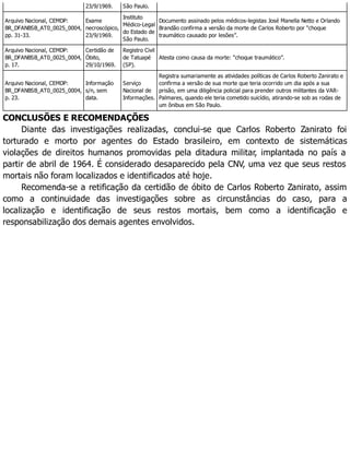 23/9/1969. São Paulo.
Arquivo Nacional, CEMDP:
BR_DFANBSB_AT0_0025_0004,
pp. 31-33.
Exame
necroscópico,
23/9/1969.
Instituto
Médico-Legal
do Estado de
São Paulo.
Documento assinado pelos médicos-legistas José Manella Netto e Orlando
Brandão confirma a versão da morte de Carlos Roberto por “choque
traumático causado por lesões”.
Arquivo Nacional, CEMDP:
BR_DFANBSB_AT0_0025_0004,
p. 17.
Certidão de
Óbito,
29/10/1969.
Registro Civil
de Tatuapé
(SP).
Atesta como causa da morte: “choque traumático”.
Arquivo Nacional, CEMDP:
BR_DFANBSB_AT0_0025_0004,
p. 23.
Informação
s/n, sem
data.
Serviço
Nacional de
Informações.
Registra sumariamente as atividades políticas de Carlos Roberto Zanirato e
confirma a versão de sua morte que teria ocorrido um dia após a sua
prisão, em uma diligência policial para prender outros militantes da VAR-
Palmares, quando ele teria cometido suicídio, atirando-se sob as rodas de
um ônibus em São Paulo.
CONCLUSÕES E RECOMENDAÇÕES
Diante das investigações realizadas, conclui-se que Carlos Roberto Zanirato foi
torturado e morto por agentes do Estado brasileiro, em contexto de sistemáticas
violações de direitos humanos promovidas pela ditadura militar, implantada no país a
partir de abril de 1964. É considerado desaparecido pela CNV, uma vez que seus restos
mortais não foram localizados e identificados até hoje.
Recomenda-se a retificação da certidão de óbito de Carlos Roberto Zanirato, assim
como a continuidade das investigações sobre as circunstâncias do caso, para a
localização e identificação de seus restos mortais, bem como a identificação e
responsabilização dos demais agentes envolvidos.
 
