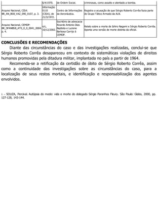 6/4/1970. de Ordem Social. criminosas, como assalto e atentado a bomba.
Arquivo Nacional, CISA:
BR_AN_BSB_VAZ_090_0107, p. 3.
Informação
0110
(CISA), de
21/3/1972.
Centro de Informações
da Aeronáutica.
Registra a acusação de que Sérgio Roberto Corrêa fazia parte
do Grupo Tático Armado da ALN.
Arquivo Nacional, CEMDP:
BR_DFANBSB_AT0_0_0_0041_0004,
p. 4.
n/c,
10/12/2002.
Escritório de advocacia
Ricardo Antonio Dias
Baptista e Luciene
Barbosa Carrijo à
CEMDP.
Relato sobre a morte de Ishiro Nagami e Sérgio Roberto Corrêa.
Aponta uma versão de morte distinta da oficial.
CONCLUSÕES E RECOMENDAÇÕES
Diante das circunstâncias do caso e das investigações realizadas, conclui-se que
Sérgio Roberto Corrêa desapareceu em contexto de sistemáticas violações de direitos
humanos promovidas pela ditadura militar, implantada no país a partir de 1964.
Recomenda-se a retificação da certidão de óbito de Sérgio Roberto Corrêa, assim
como a continuidade das investigações sobre as circunstâncias do caso, para a
localização de seus restos mortais, e identificação e responsabilização dos agentes
envolvidos.
1 – SOUZA, Percival. Autópsia do medo: vida e morte do delegado Sérgio Paranhos Fleury. São Paulo: Globo, 2000, pp.
127-128, 143-144.
 