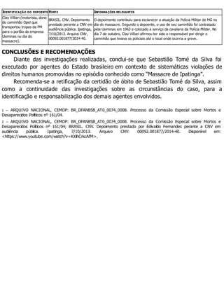 IDENTIFICAÇÃO DO DEPOENTE FONTE INFORMAÇÕES RELEVANTES
Clay Villian (motorista, dono
do caminhão Opel que
transportou tropas da PM
para o portão da empresa
Usiminas no dia do
massacre).
BRASIL. CNV. Depoimento
prestado perante a CNV em
audiência pública. Ipatinga,
7/10/2013. Arquivo CNV,
00092.001877/2014-40.
O depoimento contribuiu para esclarecer a atuação da Polícia Militar de MG no
dia do massacre. Segundo o depoente, o uso de seu caminhão foi contratado
pela Usiminas em 1963 e colocado a serviço da cavalaria da Polícia Militar. No
dia 7 de outubro, Clay Villian afirmou ter sido o responsável por dirigir o
caminhão que levava os policiais até o local onde ocorria a greve.
CONCLUSÕES E RECOMENDAÇÕES
Diante das investigações realizadas, conclui-se que Sebastião Tomé da Silva foi
executado por agentes do Estado brasileiro em contexto de sistemáticas violações de
direitos humanos promovidas no episódio conhecido como “Massacre de Ipatinga”.
Recomenda-se a retificação da certidão de óbito de Sebastião Tomé da Silva, assim
como a continuidade das investigações sobre as circunstâncias do caso, para a
identificação e responsabilização dos demais agentes envolvidos.
1 – ARQUIVO NACIONAL, CEMDP: BR_DFANBSB_AT0_0074_0008. Processo da Comissão Especial sobre Mortos e
Desaparecidos Políticos nº 161/04.
2 – ARQUIVO NACIONAL, CEMDP: BR_DFANBSB_AT0_0074_0008. Processo da Comissão Especial sobre Mortos e
Desaparecidos Políticos nº 161/04; BRASIL. CNV. Depoimento prestado por Edivaldo Fernandes perante a CNV em
audiência pública. Ipatinga, 7/10/2013. Arquivo CNV: 00092.001877/2014-40. Disponível em:
<https://www.youtube.com/watch?v=KXlhCrkcAfM>.
 
