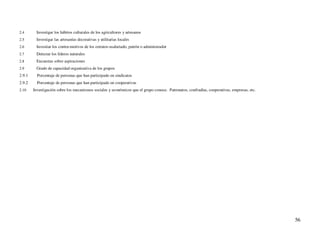 2.4       Investigar los hábitos culturales de los agricultores y artesanos
2.5       Investigar las artesanías decorativas y utilitarias locales
2.6       Investiar los contra-motivos de los estratos-asalariado, patrón o administrador
2.7       Detectar los líderes naturales
2.8       Encuestas sobre aspiraciones
2.9       Grado de capacidad organizativa de los grupos
2.9.1     Porcentaje de personas que han participado en sindicatos
2.9.2     Porcentaje de personas que han participado en cooperativas
2.10    Investigación sobre los mecanismos sociales y económicos que el grupo conoce. Patronatos, confradías, cooperativas, empresas, etc.




                                                                                                                                             56
 