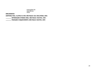 emancipadas das
                                dependências
                                vocais.
BIBLIOGRAFIA
ZUMTHOR, PAUL. A LETRA E A VOZ. SÃO PAULO: CIA. DAS LETRAS, 1993.
_______. INTRODUÇÃO À POESIA ORAL. SÃO PAULO: HUCITEC, 1997.
_______. TRADIÇÃO E ESQUECIMENTO. SÃO PAULO: HUCITEC, 1997.




                                                                    35
 