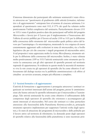 29
L’interesse dimostrato dai partecipanti alle settimane seminariali è stato rileva-
to attraverso un “questionario di gradimento delle attività formative, informa-
tive e di aggiornamento” sottoposto loro al termine di ciascuna settimana. I ri-
spondenti al questionario sono stati 115, il 37% dei quali ha valutato molto
positivamente l’utilità complessiva del seminario. Particolarmente elevato (111
su 115) è stato il giudizio positivo dato dai partecipanti sull’utilità del progetto
Microcredito e Servizi per il Lavoro per il miglioramento e l’innovazione del-
l’offerta di servizi pubblici per il lavoro ed anche (110 su 115) per la diffusione
della conoscenza dello strumento del microcredito quale politica attiva del la-
voro per l’autoimpiego e la microimpresa, mostrando la viva esigenza di essere
costantemente aggiornati sulle evoluzioni in tema di microcredito, sia a livello
legislativo che per ciò che concerne i singoli programmi di microcredito attivi.
A tal proposito è stata apprezzata molto la rivista Microfinanza, strumento uti-
le per la diffusione della conoscenza del microcredito. Inoltre, è stata valutata
molto positivamente (109 su 115) l’attività seminariale come strumento per fa-
vorire la conoscenza con gli altri operatori di sportello presenti sul territorio
regionale di appartenenza. Si evidenzia in questo modo la necessità di mantene-
re viva la rete creata tra gli operatori di sportello che ha come obiettivo il raf-
forzamento del dialogo tecnico tra le pubbliche amministrazioni e di offrire al
cittadino un servizio avanzato, sempre più efficiente e completo.
3.3 Sessioni formative e di aggiornamento
L’attività di formazione e aggiornamento è proseguita attraverso i seminari or-
ganizzati sui territori interessati dall’azione del progetto, presso le amministra-
zioni che hanno attivato lo sportello informativo per il microcredito e l’autoim-
piego. Tale attività seminariale ha avuto come obiettivo il rafforzamento delle
competenze degli operatori di sportello che orientano e accompagnano gli
utenti interessati al microcredito. Nel corso dei seminari si è data particolare
attenzione alla funzionalità della Piattaforma Retemicocredito.it, principale
strumento operativo implementato per supportare l’attività svolta dagli opera-
tori, e lo stato di attuazione dei programmi di microcredito e delle politiche per
il lavoro attive sul territorio di riferimento. Le domande poste dagli operatori
di sportello relative alla funzionalità della piattaforma si sono incentrate prin-
 