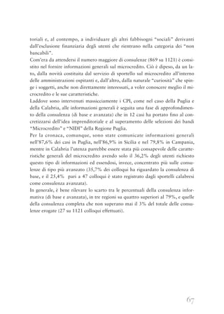 67
toriali e, al contempo, a individuare gli altri fabbisogni “sociali” derivanti
dall’esclusione finanziaria degli utenti che rientrano nella categoria dei “non
bancabili”.
Com’era da attendersi il numero maggiore di consulenze (869 su 1121) è consi-
stito nel fornire informazioni generali sul microcredito. Ciò è dipeso, da un la-
to, dalla novità costituita dal servizio di sportello sul microcredito all’interno
delle amministrazioni ospitanti e, dall’altro, dalla naturale “curiosità” che spin-
ge i soggetti, anche non direttamente interessati, a voler conoscere meglio il mi-
crocredito e le sue caratteristiche.
Laddove sono intervenuti massicciamente i CPI, come nel caso della Puglia e
della Calabria, alle informazioni generali è seguita una fase di approfondimen-
to della consulenza (di base e avanzata) che in 12 casi ha portato fino al con-
cretizzarsi dell’idea imprenditoriale e al superamento delle selezioni dei bandi
“Microcredito” e “NIDI” della Regione Puglia.
Per la cronaca, comunque, sono state comunicate informazioni generali
nell’87,6% dei casi in Puglia, nell’86,9% in Sicilia e nel 79,8% in Campania,
mentre in Calabria l’utenza parrebbe essere stata più consapevole delle caratte-
ristiche generali del microcredito avendo solo il 36,2% degli utenti richiesto
questo tipo di informazioni ed essendosi, invece, concentrato più sulle consu-
lenze di tipo più avanzato (35,7% dei colloqui ha riguardato la consulenza di
base, e il 25,4% pari a 47 colloqui è stato registrato dagli sportelli calabresi
come consulenza avanzata).
In generale, è bene rilevare lo scarto tra le percentuali della consulenza infor-
mativa (di base e avanzata), in tre regioni su quattro superiori al 79%, e quelle
della consulenza completa che non superano mai il 3% del totale delle consu-
lenze erogate (27 su 1121 colloqui effettuati).
 