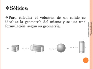 Sólidos:
Para calcular el volumen de un solido se
idealiza la geometría del mismo y se usa una




                                               Ingeniero electromecánico
                                               Javier Ernesto castrillón
                                               Diseño y recopilación
formulación según su geometría.
 