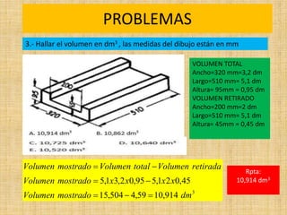 PROBLEMAS
Rpta:
10,914 dm3
3
914
,
10
59
,
4
504
,
15
45
,
0
2
1
,
5
95
,
0
2
,
3
1
,
5
dm
mostrado
Volumen
x
x
x
x
mostrado
Volumen
retirada
Volumen
total
Volumen
mostrado
Volumen







3.- Hallar el volumen en dm3 , las medidas del dibujo están en mm
VOLUMEN TOTAL
Ancho=320 mm=3,2 dm
Largo=510 mm= 5,1 dm
Altura= 95mm = 0,95 dm
VOLUMEN RETIRADO
Ancho=200 mm=2 dm
Largo=510 mm= 5,1 dm
Altura= 45mm = 0,45 dm
 