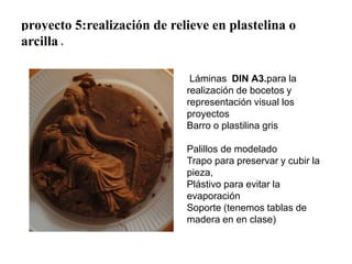 proyecto 5:realización de relieve en plastelina o
arcilla s
Láminas DIN A3.para la
realización de bocetos y
representación visual los
proyectos
Barro o plastilina gris
Palillos de modelado
Trapo para preservar y cubir la
pieza,
Plástivo para evitar la
evaporación
Soporte (tenemos tablas de
madera en en clase)
 
