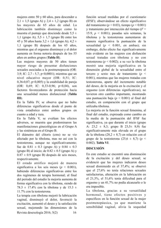 mujeres entre 50 y 60 años, para descender a
2,1 ± 1,5 (grupo A) y 2,4 ± 1,2 (grupo B) en
las mayores de 65 años de edad. La
lubricación también disminuye como lo
muestra el puntaje que desciende desde 5,5 ±
1,1 (grupo A); 5,5 ± 1,7 (grupo B) entre los
45 y 50 años hasta 3,2 ± 1,6 (grupo A); 4,2 ±
1,1 (grupo B) después de los 65 años,
mientras que el orgasmo disminuye y el dolor
aumenta en forma notoria después de los 55
años en ambos grupos (Tabla II).
Las mujeres mayores de 50 años tienen
mayor riesgo de presentar disfunciones
sexuales asociadas a la postmenopausia (OR:
3,9; IC: 2,7 - 5,7; p<0,0001); mientras que un
nivel educativo mayor (OR: 0,51; IC:
0,36-0,87; p<0,005) y la estabilidad de pareja
(OR: 0,69; IC: 0,33-0,96; p<0,04), son
factores favorecedores de protección hacia
una sexualidad menos disfuncional (Tabla
III).
En la Tabla IV, se observa que no hubo
diferencias significativas desde el punto de
vista estadístico entre ambos grupos en
cuanto a edad y raza.
En la Tabla V, se evalúan los efectos
adversos, se muestra que predominaron las
manifestaciones ginecológicas en el Grupo A
y las sistémicas en el Grupo B.
El diámetro del clítoris (cms) no se vio
afectado por la tibolona, mas no así con la
testosterona, aunque no significativamente;
fue de 0.81 ± 0.3 (grupo A) y 0.84 ± 0.3
(grupo B) al inicio; de 0.82 ± 0.5 (grupo A) y
0.87 ± 0.9 (grupo B) después de seis meses,
respectivamente.
El estado atrófico mejoró de manera
significativa a los seis meses (p < 0.001),
habiendo diferencias significativas entre los
dos regímenes de terapia hormonal; al final
del periodo del estudio la mejoría aumenta de
forma significativa con la tibolona, siendo de
78.3 ± 17.4% con la tibolona y de 15.3 ±
11.7% con la testosterona.
La terapia con tibolona mejoró la lubricación
vaginal, disminuyó el dolor, favoreció la
excitación, aumentó el deseo y la satisfacción
sexual, mejorando las dimensiones de la
función sexual medidas por el cuestionario
(IFSF); observándose un efecto significativo
del tratamiento (p < 0.03), tiempo (p < 0.001)
y tratamiento por interacción del tiempo (F =
15.9, p < 0.001); pasadas seis semanas, la
tibolona y la testosterona aumentaron de
manera significativa la puntuación de la
sexualidad (p < 0.001, en ambas); sin
embargo, dicho efecto fue significativamente
más evidente en las mujeres con disfunción
sexual tratadas con tibolona y no con
testosterona (p < 0.002); a su vez la tibolona
mostró una mejoría significativa en la
dimensión global de la sexualidad entre el
tercero y sexto mes de tratamiento (p <
0.001), mientras que las mujeres tratadas con
testosterona, aparte del incremento notable
del deseo, de la mejoría en la excitación y el
orgasmo (con diferencias significativas), no
tuvieron otro cambio importante, mostrando
una puntuación baja (p < 0.001) al final del
estudio, en comparación con el grupo que
utilizaba tibolona.
La mejoría en la función sexual femenina, al
final del estudio, expresada como cambio en
la media de la puntuación del IFSF fue
significativa, ya que durante el inicio (grupo
A: 23,2 ± 8,3; grupo B 23,5± 8,9) fue
significativamente más elevada en el grupo
de la tibolona (28,2 ± 8,7) en relación con el
grupo de la testosterona (25,6 ± 8,7) (p <
0.002). Tabla VI.
DISCUSIÓN
En este estudio se encontró una disminución
de la excitación y del deseo sexual; se
evidenció que las mujeres indicaron deseo
sexual disminuido en el 37,4%; se observó
que el 27,6% no tenía relaciones sexuales
satisfactorias, alteración en la lubricación en
el 21,3%, el 51,6% tenía dificultad para el
orgasmo y un 41,7% no podía alcanzarlo o le
era imposible.
La tibolona, gracias a su versatilidad
hormonal, tiene efectos positivos y
específicos en la función sexual de la mujer
postmenopáusica, ya que mantiene la
sensibilidad vaginal, alivia la sequedad
Revista desexología 2016; 5(2) !16
 