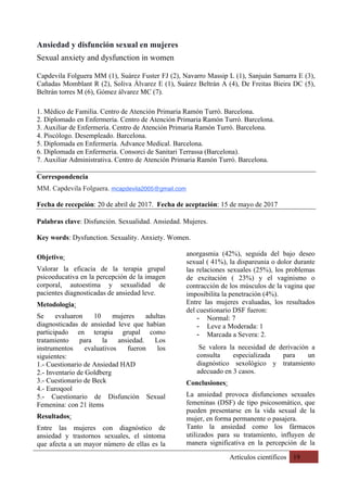 Artículos científicos 19
Ansiedad y disfunción sexual en mujeres
Sexual anxiety and dysfunction in women
Capdevila Folguer...