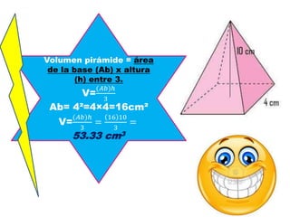 Volumen pirámide = área
de la base (Ab) x altura
(h) entre 3.
V=
(𝐴𝑏)ℎ
3
Ab= 4²=4×4=16cm²
V=
(𝐴𝑏)ℎ
3
=
16 10
3
=
53.33 cm3
 