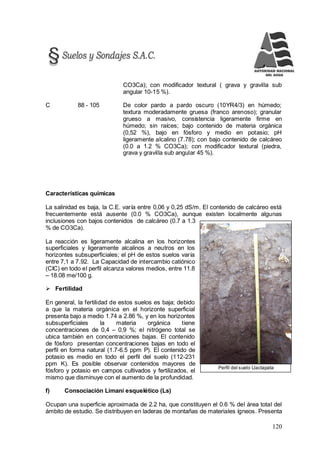 120
Perfil del suelo Llactapata
CO3Ca); con modificador textural ( grava y gravilla sub
angular 10-15 %).
C 88 - 105 De color pardo a pardo oscuro (10YR4/3) en húmedo;
textura moderadamente gruesa (franco arenoso); granular
grueso a masivo, consistencia ligeramente firme en
húmedo; sin raíces; bajo contenido de materia orgánica
(0,52 %), bajo en fósforo y medio en potasio; pH
ligeramente alcalino (7.78); con bajo contenido de calcáreo
(0.0 a 1.2 % CO3Ca); con modificador textural (piedra,
grava y gravilla sub angular 45 %).
Características químicas
La salinidad es baja, la C.E. varía entre 0,06 y 0,25 dS/m. El contenido de calcáreo está
frecuentemente está ausente (0.0 % CO3Ca), aunque existen localmente algunas
inclusiones con bajos contenidos de calcáreo (0.7 a 1.3
% de CO3Ca).
La reacción es ligeramente alcalina en los horizontes
superficiales y ligeramente alcalinos a neutros en los
horizontes subsuperficiales; el pH de estos suelos varía
entre 7,1 a 7.92. La Capacidad de intercambio catiónico
(CIC) en todo el perfil alcanza valores medios, entre 11.8
– 18.08 me/100 g.
 Fertilidad
En general, la fertilidad de estos suelos es baja; debido
a que la materia orgánica en el horizonte superficial
presenta bajo a medio 1.74 a 2.86 %, y en los horizontes
subsuperficiales la materia orgánica tiene
concentraciones de 0,4 – 0,9 %; el nitrógeno total se
ubica también en concentraciones bajas. El contenido
de fósforo presentan concentraciones bajas en todo el
perfil en forma natural (1.7-6.5 ppm P). El contenido de
potasio es medio en todo el perfil del suelo (112-231
ppm K). Es posible observar contenidos mayores de
fósforo y potasio en campos cultivados y fertilizados, el
mismo que disminuye con el aumento de la profundidad.
f) Consociación Limaní esquelético (Ls)
Ocupan una superficie aproximada de 2.2 ha, que constituyen el 0.6 % del área total del
ámbito de estudio. Se distribuyen en laderas de montañas de materiales ígneos. Presenta
 