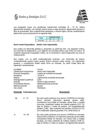 121
una topografía suave con pendientes fuertemente inclinadas (8 - 15 %), relieve
ligeramente ondulado, con drenaje natural bueno a algo excesivo, ligeramente gravoso a
libre de gravosidad, libre a ligeramente pedregoso y erosión ligera, dichas características
determinan que se presente en la siguiente fase:
FASES
EXTENSION APROX.
ha %
D2/P1W5E1 2,2 0,57
Serie Limaní Esquelético (Aridic entic haplustolls)
Son suelos sin desarrollo genético y presentan un perfil tipo ACr, con epipedón mólico,
sin horizonte de diagnóstico y con régimen de humedad arídico que limita con ústico. El
material subyacente al epipedón mólico, es un horizonte C sobre fragmentos de roca en
meteorización.
Son suelos, con un perfil moderadamente profundo, con horizontes de textura
moderadamente gruesa sobre gruesa (franco arenoso sobre arena), con fragmentos
gruesos, y consistencia friable sobre firme en húmedo. Su perfil modal tiene las
siguientes características.
Localidad : Limaní
Clasificación taxonómica : Aridic entic haplustolls
Posición fisiográfica : Ladera de montaña terraceado
Pendiente : 15-25 %
Relieve : Ligeramente ondulado terraceado
Pedregosidad superficial : Libre
Drenaje : Bueno a algo excesivo
Profundidad efectiva : Moderadamente profundo
Material parental : Igneos
Uso actual : Hortalizas
Horizonte Profundidad (cm) Descripción
Ap 0 – 15 De color pardo grisáceo muy oscuro (10YR3/2) en húmedo,
franco arenoso, estructura granular grueso débil,
consistencia muy friable en húmedo, raíces finas y medias
comunes; contenidos medios de materia orgánica (2.01 %);
bajo en fósforo y medio de potasio; pH moderadamente
alcalino (7,98); bajo contenido de calcáreo (CO3Ca 0.0 %);
con modificador textural (gravillas 5 %), límite difuso al
A 15 - 40 De color pardo grisáceo muy oscuro (10YR3/2) en húmedo;
textura franco arenosa; con estructura granular grueso débil;
consistencia friable en húmedo; con raíces finas y medias
escasas; con bajo contenido de materia orgánica (0.86 %),
bajo en fósforo y medio en potasio; pH ligeramente alcalino
 