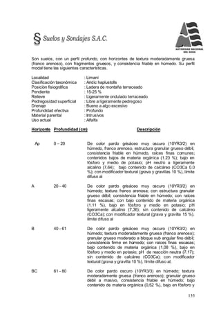 133
Son suelos, con un perfil profundo, con horizontes de textura moderadamente gruesa
(franco arenoso), con fragmentos gruesos, y consistencia friable en húmedo. Su perfil
modal tiene las siguientes características.
Localidad : Limaní
Clasificación taxonómica : Aridic haplustolls
Posición fisiográfica : Ladera de montaña terraceado
Pendiente : 15-25 %
Relieve : Ligeramente ondulado terraceado
Pedregosidad superficial : Libre a ligeramente pedregoso
Drenaje : Bueno a algo excesivo
Profundidad efectiva : Profundo
Material parental : Intrusivos
Uso actual : Alfalfa
Horizonte Profundidad (cm) Descripción
Ap 0 – 20 De color pardo grisáceo muy oscuro (10YR3/2) en
húmedo, franco arenoso, estructura granular grueso débil,
consistencia friable en húmedo, raíces finas comunes;
contenidos bajos de materia orgánica (1.23 %); bajo en
fósforo y medio de potasio; pH neutro a ligeramente
alcalino (7,64); bajo contenido de calcáreo (CO3Ca 0.0
%); con modificador textural (grava y gravillas 10 %), límite
difuso al
A 20 - 40 De color pardo grisáceo muy oscuro (10YR3/2) en
húmedo; textura franco arenosa; con estructura granular
grueso débil; consistencia friable en húmedo; con raíces
finas escasas; con bajo contenido de materia orgánica
(1.11 %), bajo en fósforo y medio en potasio; pH
ligeramente alcalino (7,36); sin contenido de calcáreo
(CO3Ca); con modificador textural (grava y gravilla 15 %),
límite difuso al
B 40 - 61 De color pardo grisáceo muy oscuro (10YR3/2) en
húmedo; textura moderadamente gruesa (franco arenoso);
granular grueso moderado a bloque sub angular fino débil;
consistencia firme en húmedo; con raíces finas escasas;
bajo contenido de materia orgánica (1,08 %), bajo en
fósforo y medio en potasio; pH de reacción neutra (7.17);
sin contenido de calcáreo (CO3Ca); con modificador
textural (grava y gravilla 10 %), límite difuso al,
BC 61 - 80 De color pardo oscuro (10YR3/3) en húmedo; textura
moderadamente gruesa (franco arenoso); granular grueso
débil a masivo, consistencia friable en húmedo; bajo
contenido de materia orgánica (0,52 %), bajo en fósforo y
 