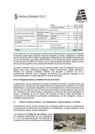 148
Centro poblado de San Juan de Yanac
Haba 0,7 0,19
Terrenos en descanso 26,1 6,77
5. Terrenos con Praderas mejoradas Sin aplicación en la zona de estudio
6. Terrenos con pastos naturales
Pecuario con pastos
naturales
Pastura natural temporal 223,3 58,00
7. Terrenos con bosques naturales
y/o cultivados
Forestal cultivado Eucalipto 1,3 0,35
Forestal natural Matorral 18,4 4,79
8. Terrenos pantanosos y/o
cenágogos
Sin aplicación en la zona de estudio
9. terrenos sin uso y/o improductivos Sin uso
Terrenos eriazos 30,3 7,88
Terrenos abandonados 6,6 1,72
TOTAL 385,0 100,0
En el cuadro N° u-2-j, se presenta un resumen de la fisonomía de ocupación en el ámbito
de estudio; donde cada unidad de mapa fue integrado en Clases, Categorías y unidades
de uso de tierras; dichos niveles de agrupación representan a las distintas formas de uso
y no uso de territorio, que fueron determinados en el momento del mapeo, realizado entre
el mes de julio del 2009; de manera que el conjunto global resultante, refleje la actual
estructura de ocupación de los espacios territoriales de la zona de estudio.
Se puede manifestar que en la zona de estudio existen siete (7) categorías de uso de
tierras, tales como: poblacional, hortalizas, cultivos permanentes, cultivos extensivos,
terrenos con pasturas naturales, terrenos con bosques y terrenos sin uso o
improductivos. Mientras que la categoría de terrenos con praderas mejoradas y los
terrenos pantanosos, no tiene aplicación en la zona de estudio.
2.5.2.1 Categorías clases y unidades de uso de la tierra
La descripción del uso actual de las tierras del ámbito de estudio, considera como una
unidad de uso, a aquel que está representado en el mapa de uso de tierras, con un área
determinado y una posición cartográfica; a la vez representa una o mas formas de uso de
territorio. En el cuadro N° u-2-j, en su columna de Unidad se puede apreciar cada uno de
las “unidades de uso” determinados y mapeados en campo; los que fueron agrupados en
clases y categorías de uso de tierras, de acuerdo al sistema antes mencionado. A
continuación se describen las principales características, de las categorías, clases y
unidades respectivamente.
a) Clase de Terrenos Urbanos y/o instalaciones o lugares públicas y privadas:
Caracterizados por las zonas ocupados por los terrenos urbanos y por las instalaciones
construidas por el hombre para uso diferente a la habitabilidad, y lugares públicos. Se ha
encontrado las clases: urbano y paisajístico.
Los terrenos de la Clase de uso urbano, ocupa
una extensión aproximada de 5 ha, equivalente
al 1.31 % del área del estudio. Se subdivide en
la Unidad de centros poblados que comprende la
 