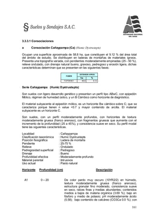 161
3.3.3.1 Consociaciones
a Consociación Cañaypampa (Ca) (Humic Dystrustepts)
Ocupan una superficie aproximada de 58.8 ha, que constituyen el 9.12 % del área total
del ámbito de estudio. Se distribuyen en laderas de montañas de materiales ígneos.
Presenta una topografía variada, con pendientes moderadamente empinadas (25 - 50 %),
relieve ondulado, con drenaje natural bueno, gravoso, pedregoso y erosión ligera, dichas
características determinan que se presenten en las siguientes fases:
FASES
EXTENSION APROX.
ha %
F3/P3W4E1 58,8 9,12
Serie Cañaypampa (Humic Dystrustepts)
Son suelos con ligero desarrollo genético y presentan un perfil tipo ABwC, con epipedón
Mólico, régimen de humedad ústico, y un B Cámbico como horizonte de diagnóstico.
El material subyacente al epipedón mólico, es un horizonte Bw cámbico sobre C; que se
caracteriza porque tienen n value <0.7 y mayor contenido de arcilla. El material
subyacente es un horizonte C.
Son suelos, con un perfil moderadamente profundos, con horizontes de textura
moderadamente gruesa (franco arenoso), con fragmentos gruesos que aumenta con el
incremento de la profundidad (25 a 45%), y consistencia suave en seco. Su perfil modal
tiene las siguientes características.
Localidad : Cañaypampa
Clasificación taxonómica : Humic Dystrustepts
Posición fisiográfica : Ladera de montaña
Pendiente : 25-75 %
Relieve : Ondulado
Pedregosidad superficial : Pedregoso
Drenaje : Bueno
Profundidad efectiva : Moderadamente profundo
Material parental : Intrusivos
Uso actual : Pasto natural
Horizonte Profundidad (cm) Descripción
A1 0 – 20 De color pardo muy oscuro (10YR2/2) en húmedo,
textura moderadamente gruesa (franco arenoso),
estructura granular fino moderado, consistencia suave
en seco, raíces finas y medias abundantes; contenidos
medios a bajos de materia orgánica (3.69 %); bajo en
fósforo y medio de potasio; pH moderadamente ácido
(5.58); bajo contenido de calcáreo (CO3Ca 0.0 %); con
 