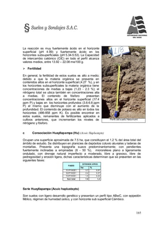 165
Perfil del suelo Hatunrumi
La reacción es muy fuertemente ácido en el horizonte
superficial (pH 4.99) y fuertemente ácido en los
horizontes subsuperficiales (pH 5.34-5.53). La Capacidad
de intercambio catiónico (CIC) en todo el perfil alcanza
valores medios, entre 13.92 – 22.08 me/100 g.
 Fertilidad
En general, la fertilidad de estos suelos es alto a medio;
debido a que la materia orgánica se presenta en
contenidos altos en el horizonte superficial (4.27 %), y en
los horizontes subsuperficiales la materia orgánica tiene
concentraciones de medias a bajas (1.23 - 2.3 %); el
nitrógeno total se ubica también en concentraciones alta
a medias. El contenido de fósforo presentan
concentraciones altos en el horizonte superficial (17.4
ppm P) y bajas en los horizontes profundos (3.6-6.8 ppm
P) el mismo que disminuye con el aumento de la
profundidad. El contenido de potasio es alto en todos los
horizontes (486-858 ppm K). Es posible encontrar en
estos suelos, remanentes de fertilizantes aplicados a
cultivos anteriores, que incrementan los niveles de
nitrógeno y fósforo.
c Consociación Huayllapampa (Hu) (Acuic Haplustepts)
Ocupan una superficie aproximada de 7.5 ha, que constituyen el 1.2 % del área total del
ámbito de estudio. Se distribuyen en planicies de depósitos coluvio aluviales y laderas de
montañas. Presenta una topografía suave predominantemente; con pendientes
fuertemente inclinadas a empinadas (8 - 50 %), microrelieve plano a ligeramente
ondulado, con drenaje natural imperfecto a moderado, libre a gravoso, libre de
pedregosidad y erosión ligera, dichas características determinan que se presenten en las
siguientes fases:
FASES
EXTENSION APROX.
ha %
D1/P1W2E1 3,7 0,57
E2/P1W2E1 2,4 0,37
F2/P1W3E1 1,5 0,23
Sub total 7,5 1,2
Serie Huayllapampa (Acuic haplustepts)
Son suelos con ligero desarrollo genético y presentan un perfil tipo ABwC, con epipedón
Mólico, régimen de humedad ústico, y con horizonte sub superficial Cámbico.
 
