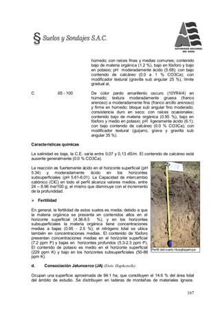 167
Perfil del suelo Huayllapampa
húmedo; con raíces finas y medias comunes; contenido
bajo de materia orgánica (1.2 %), bajo en fósforo y bajo
en potasio; pH moderadamente ácido (5.68); con bajo
contenido de calcáreo (0.0 a 1 % CO3Ca); con
modificador textural (gravilla sub angular 25 %), límite
gradual al,
C 65 - 100 De color pardo amarillento oscuro (10YR4/4) en
húmedo; textura moderadamente gruesa (franco
arenoso) a moderadamente fina (franco arcillo arenoso)
y firme en húmedo; bloque sub angular fino moderado;
consistencia duro en seco; con raíces ocasionales;
contenido bajo de materia orgánica (0.95 %), bajo en
fósforo y medio en potasio; pH ligeramente ácido (6.1);
con bajo contenido de calcáreo (0.0 % CO3Ca); con
modificador textural (guijarro, grava y gravilla sub
angular 35 %).
Características químicas
La salinidad es baja, la C.E. varía entre 0,07 y 0,13 dS/m. El contenido de calcáreo está
ausente generalmente (0.0 % CO3Ca).
La reacción es fuertemente ácido en el horizonte superficial (pH
5.34) y moderadamente ácido en los horizontes
subsuperficiales (pH 5.61-6.01). La Capacidad de intercambio
catiónico (CIC) en todo el perfil alcanza valores medios, entre
24 – 8.96 me/100 g, el mismo que disminuye con el incremento
de la profundidad.
 Fertilidad
En general, la fertilidad de estos suelos es media; debido a que
la materia orgánica se presenta en contenidos altos en el
horizonte superficial (4.36-8.5 %), y en los horizontes
subsuperficiales la materia orgánica tiene concentraciones
medias a bajas (0.95 - 2.5 %); el nitrógeno total se ubica
también en concentraciones medias. El contenido de fósforo
presentan concentraciones medias en el horizonte superficial
(7.2 ppm P) y bajas en horizontes profundos (5.3-2.3 ppm P).
El contenido de potasio es medio en el horizonte superficial
(229 ppm K) y bajo en los horizontes subsuperficiales (50-86
ppm K).
d. Consociación Jatuncerco (JA) (Entic Haplustolls)
Ocupan una superficie aproximada de 94.1 ha, que constituyen el 14.6 % del área total
del ámbito de estudio. Se distribuyen en laderas de montañas de materiales ígneos.
 