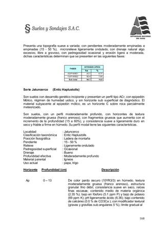 168
Presenta una topografía suave a variada; con pendientes moderadamente empinadas a
empinadas (15 - 50 %), microrelieve ligeramente ondulado, con drenaje natural algo
excesivo, libre a gravoso, con pedregosidad ocasional y erosión ligera a moderada,
dichas características determinan que se presenten en las siguientes fases:
FASES
EXTENSION APROX.
ha %
E2/P1W5E1 43,7 6,77
F2/P1W5E2 50,4 7,83
Sub total 94,1 14,6
Serie Jatuncerco (Entic Haplustolls)
Son suelos con desarrollo genético incipiente y presentan un perfil tipo ACr, con epipedón
Mólico, régimen de humedad ustico, y sin horizonte sub superficial de diagnóstico. El
material subyacente al epipedón mólico, es un horizonte C sobre roca parcialmente
meteorizado.
Son suelos, con un perfil moderadamente profundo, con horizontes de textura
moderadamente gruesa (franco arenoso), con fragmentos gruesos que aumenta con el
incremento de la profundidad (15 a 60%), y consistencia suave a ligeramente duro en
seco y friable a firme en húmedo. Su perfil modal tiene las siguientes características.
Localidad : Jatuncerco
Clasificación taxonómica : Entic Haplustolls
Posición fisiográfica : Ladera de montaña
Pendiente : 15 - 50 %
Relieve : Ligeramente ondulado
Pedregosidad superficial : Ocasional
Drenaje : Bueno
Profundidad efectiva : Moderadamente profundo
Material parental : Igneos
Uso actual : papa, trigo
Horizonte Profundidad (cm) Descripción
Ap 0 – 13 De color pardo oscuro (10YR3/3) en húmedo, textura
moderadamente gruesa (franco arenoso), estructura
granular fino débil, consistencia suave en seco, raíces
finas escasas; contenido medio de materia orgánica
(2.35 %); bajo en fósforo (5.1 ppm P) y bajo de potasio
(69 ppm K); pH ligeramente ácido (6.36); bajo contenido
de calcáreo (0.0 % de CO3Ca ); con modificador textural
(gravas y gravillas sub angulares 5 %), límite gradual al
 