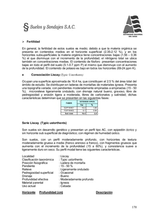 170
 Fertilidad
En general, la fertilidad de estos suelos es medio; debido a que la materia orgánica se
presenta en contenidos medios en el horizonte superficial (2.35-2.12 %), y en los
horizontes subsuperficiales la materia orgánica tiene concentraciones bajas (1.56 – 0.36
%) el que disminuye con el incremento de la profundidad; el nitrógeno total se ubica
también en concentraciones medias. El contenido de fósforo presentan concentraciones
bajas en todo el perfil del suelo (5.1-0.7 ppm P) el mismo que disminuye con el aumento
de la profundidad. El contenido de potasio es bajo en todos los horizontes (69-24 ppm K).
e Consociación Liscay (Typic Ustorthents)
Ocupan una superficie aproximada de 16.4 ha, que constituyen el 2.5 % del área total del
ámbito de estudio. Se distribuyen en laderas de montañas de materiales ígneos. Presenta
una topografía variada; con pendientes moderadamente empinadas a empinadas (15 - 50
%), microrelieve ligeramente ondulado, con drenaje natural bueno, gravoso, libre de
pedregosidad y erosión ligera a moderada, libres de carbonatos y salinidad; dichas
características determinan que se presenten en las siguientes fases:
FASES
EXTENSION APROX.
ha %
E2/P1W4E1 10,3 1,60
F2/P1W4E2 6,1 0,94
Sub total 16,4 2,5
Serie Liscay (Typic ustorthents)
Son suelos sin desarrollo genético y presentan un perfil tipo AC, con epipedón ócrico y
sin horizonte sub superficial de diagnóstico; con régimen de humedad ústico.
Son suelos, con un perfil moderadamente profundo, con horizontes de textura
moderadamente gruesa a media (franco arenoso a franco), con fragmentos gruesos que
aumenta con el incremento de la profundidad (15 a 60%), y consistencia suave a
ligeramente duro en seco. Su perfil modal tiene las siguientes características.
Localidad : Liscay
Clasificación taxonómica : Typic ustorthents
Posición fisiográfica : Ladera de montaña
Pendiente : 15 - 50 %
Relieve : Ligeramente ondulado
Pedregosidad superficial : Ocasional
Drenaje : Bueno
Profundidad efectiva : Moderadamente profundo
Material parental : Igneos
Uso actual : Cebada
Horizonte Profundidad (cm) Descripción
 