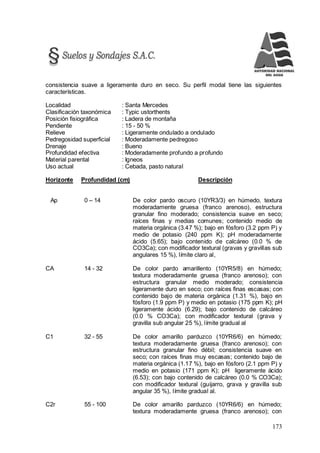 173
consistencia suave a ligeramente duro en seco. Su perfil modal tiene las siguientes
características.
Localidad : Santa Mercedes
Clasificación taxonómica : Typic ustorthents
Posición fisiográfica : Ladera de montaña
Pendiente : 15 - 50 %
Relieve : Ligeramente ondulado a ondulado
Pedregosidad superficial : Moderadamente pedregoso
Drenaje : Bueno
Profundidad efectiva : Moderadamente profundo a profundo
Material parental : Igneos
Uso actual : Cebada, pasto natural
Horizonte Profundidad (cm) Descripción
Ap 0 – 14 De color pardo oscuro (10YR3/3) en húmedo, textura
moderadamente gruesa (franco arenoso), estructura
granular fino moderado; consistencia suave en seco;
raíces finas y medias comunes; contenido medio de
materia orgánica (3.47 %); bajo en fósforo (3.2 ppm P) y
medio de potasio (240 ppm K); pH moderadamente
ácido (5.65); bajo contenido de calcáreo (0.0 % de
CO3Ca); con modificador textural (gravas y gravillas sub
angulares 15 %), límite claro al,
CA 14 - 32 De color pardo amarillento (10YR5/8) en húmedo;
textura moderadamente gruesa (franco arenoso); con
estructura granular medio moderado; consistencia
ligeramente duro en seco; con raíces finas escasas; con
contenido bajo de materia orgánica (1.31 %), bajo en
fósforo (1.9 ppm P) y medio en potasio (175 ppm K); pH
ligeramente ácido (6.29); bajo contenido de calcáreo
(0.0 % CO3Ca); con modificador textural (grava y
gravilla sub angular 25 %), límite gradual al
C1 32 - 55 De color amarillo parduzco (10YR6/6) en húmedo;
textura moderadamente gruesa (franco arenoso); con
estructura granular fino débil; consistencia suave en
seco; con raíces finas muy escasas; contenido bajo de
materia orgánica (1.17 %), bajo en fósforo (2.1 ppm P) y
medio en potasio (171 ppm K); pH ligeramente ácido
(6.53); con bajo contenido de calcáreo (0.0 % CO3Ca);
con modificador textural (guijarro, grava y gravilla sub
angular 35 %), límite gradual al.
C2r 55 - 100 De color amarillo parduzco (10YR6/6) en húmedo;
textura moderadamente gruesa (franco arenoso); con
 