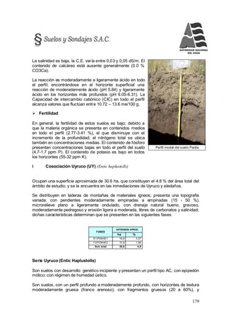 179
Perfil modal del suelo Paclía
La salinidad es baja, la C.E. varía entre 0,03 y 0,05 dS/m. El
contenido de calcáreo está ausente generalmente (0.0 %
CO3Ca).
La reacción es moderadamente a ligeramente ácido en todo
el perfil; encontrándose en el horizonte superficial una
reacción de moderadamente ácido (pH 5.84) y ligeramente
ácido en los horizontes más profundos (pH 6.05-6.31). La
Capacidad de intercambio catiónico (CIC) en todo el perfil
alcanza valores que fluctúan entre 10.72 – 13.6 me/100 g.
 Fertilidad
En general, la fertilidad de estos suelos es bajo; debido a
que la materia orgánica se presenta en contenidos medios
en todo el perfil (2.77-3.41 %), el que disminuye con el
incremento de la profundidad; el nitrógeno total se ubica
también en concentraciones medias. El contenido de fósforo
presentan concentraciones bajas en todo el perfil del suelo
(4.7-1.7 ppm P). El contenido de potasio es bajo en todos
los horizontes (55-32 ppm K).
i Cosociación Uyruco (UY) (Entic haplustolls)
Ocupan una superficie aproximada de 30.6 ha, que constituyen el 4.8 % del área total del
ámbito de estudio; y se le encuentra en las inmediaciones de Uyruco y aledaños.
Se distribuyen en laderas de montañas de materiales ígneos; presenta una topografía
variada; con pendientes moderadamente empinadas a empinadas (15 - 50 %),
microrelieve plano a ligeramente ondulado, con drenaje natural bueno, gravoso,
moderadamente pedregoso y erosión ligera a moderada, libres de carbonatos y salinidad;
dichas características determinan que se presenten en las siguientes fases:
FASES
EXTENSION APROX.
ha %
E1/P2W4E1 19,8 3,07
F2/P2W4E2 10,8 1,68
Sub total 30,6 4,8
Serie Uyruco (Entic Haplustolls)
Son suelos con desarrollo genético incipiente y presentan un perfil tipo AC, con epipedón
mólico; con régimen de humedad ústico.
Son suelos, con un perfil profundo a moderadamente profundo, con horizontes de textura
moderadamente gruesa (franco arenoso), con fragmentos gruesos (20 a 60%), y
 