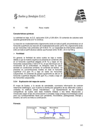 185
Perfil modal del suelo Quimpira
R +50 Roca madre
Características químicas
La salinidad es baja, la C.E. varía entre 0,04 y 0,06 dS/m. El contenido de calcáreo está
ausente generalmente (0.0 % CO3Ca).
La reacción es moderadamente a ligeramente ácido en todo el perfil; encontrándose en el
horizonte superficial una reacción de moderadamente ácido (pH 5.75) y ligeramente ácido
en los horizontes más profundos (pH 6.59-6.17). La Capacidad de intercambio catiónico
(CIC) en todo el perfil alcanza valores que fluctúan entre 18.88 – 24.0 me/100 g.
 Fertilidad
En general, la fertilidad de estos suelos es bajo a medio;
debido a que la materia orgánica se presenta en contenido alto
en el horizonte superficial delgado (4.76 %) y bajos en los
horizontes subyacentes (1.83-0.74 %), el que disminuye con el
incremento de la profundidad; el nitrógeno total se ubica
también en condiciones similares. El contenido de fósforo se
presenta en concentraciones medias en todo el horizonte
superficial (7.9 ppm P) y bajo en todos los horizontes
subyacentes. El contenido de potasio igualmente es alto en el
horizonte superficial delgado (726 ppm K) y medio a bajo en
los horizontes subyacentes.
3.3.4 Explicación del mapa de suelos
El mapa de Suelos, a la escala de semidetalle, suministra información de carácter
netamente edafológico, que muestra la distribución geográfica de los diferentes suelos y
unidades no edáficas (áreas misceláneas). La representación de las unidades
cartográficas de suelos está dada mediante Sílabas o dos letras Mayúsculas y
minúsculas según el tipo de consociación o complejo; luego prosigue la simbología usada
para sus correspondientes fases (por pendiente, microrelieve, pedregosidad, drenaje y
erosión), tal como se indica a continuación.
Fórmula:
Consociación Pendiente Microrelieve
F 3
P3 W4 E1
Pedregosidad Drenaje Erosión
Ca
 