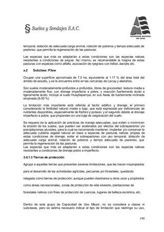 190
temporal, dotación de adecuada carga animal, rotación de potreros y tiempo adecuado de
pastoreo, que permita la regeneración de las pasturas.
Las especies que más se adaptarían a estas condiciones son las especies nativas
resistentes a condiciones de sequía. Así mismo, es recomendable la mejora de estas
pasturas con especies como alfalfa, asociación de ryegrass con trébol, dactylis etc.
a.2 Subclase: P3sw
Ocupan una superficie aproximada de 7.5 ha, equivalente al 1.17 % del área total del
ámbito de estudio, y se le encuentra entre en las cercanías de Liscay y aledaños.
Son suelos moderadamente profundos a profundos, libres de gravosidad, textura media a
moderadamente fina, con drenaje imperfecto a pobre, y reacción fuertemente ácido a
ligeramente ácido. Incluye al suelo Huayllapampa, en sus fases de fuertemente inclinada
empinada (8-50 %)
La limitación más importante está referida al factor edáfico y drenaje; el primero
considerando la fertilidad natural media a baja, que está expresada por deficiencias de
nutrientes disponibles, especialmente de fósforo y potasio; y el segundo debido al drenaje
imperfecto a pobre, que propenden en una baja de oxigenación del suelo.
Se requiere de la aplicación de prácticas de manejo adecuadas, que eviten o minimicen
la erosión de los suelos, que pueden ser acelerados por efectos del sobrepastoreo y/o
precipitaciones pluviales; para lo cual se recomienda mantener, implantar y/o conservar la
adecuada cubierta vegetal natural en base a especies de pasturas nativas propias de
estas condiciones de drenaje; evitar el sobrepastoreo con uso temporal, dotación de
adecuada carga animal, rotación de potreros y tiempo adecuado de pastoreo, que
permita la regeneración de las pasturas.
Las especies que más se adaptarían a estas condiciones son las especies nativas
resistentes a condiciones de drenaje pobre a imperfecto.
3.4.1.3 Tierras de protección
Agrupa a aquellas tierras que presentan severas limitaciones, que las hacen inapropiadas
para el desarrollo de las actividades agrícolas, pecuarias y/o forestales, quedando
relegada como tierras de protección; aunque pueden destinarse a otros usos y propósitos
como áreas recreacionales, zonas de protección de vida silvestre, plantaciones de
forestales nativos con fines de protección de cuencas, lugares de belleza escénica, etc.
Dentro de este grupo de Capacidad de Uso Mayor, no se considera a clases ni
subclases, pero se estima necesario indicar el tipo de limitación que restringe su uso,
 