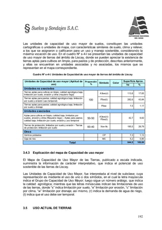192
Las unidades de capacidad de uso mayor de suelos, constituyen las unidades
cartográficas o unidades de mapa, con características similares de suelo, clima y relieve;
a los que se asignaron o calificaron para un uso y manejo sostenible, considerando la
máxima vocación de uso. En el cuadro Nº s-4-l se presentan las unidades de capacidad
de uso mayor de tierras del ámbito de Liscay, donde se pueden apreciar la existencia de
tierras aptas para cultivos en limpio, para pastos y de protección, descritas anteriormente,
y ellas se encuentran en unidades asociadas y no asociadas, los mismos que se
representan en el mapa correspondiente.
Cuadro Nº s-4-l. Unidades de Capacidad de uso mayor de tierras del ámbito de Liscay
Unidades de Capacidad de uso mayor (Aptitud de
uso)
Proporción
%
Símbolo Color
Superficie Aprox.
ha %
Unidades no asociadas
Tierras aptas para cultivos en limpio; calidad agrológica baja,
limitación por suelo, erosión y clima (requiere riego)
100
A3sec(r) 113,8 17,65
Tierras aptas para pastos; calidad agrológica baja, limitación
por suelo y erosión (uso temporal)
P3se(t) 282,6 43,84
Tierras aptas para pastos; calidad agrológica baja, limitación
por suelo y drenaje
P3sw 7,5 1,17
Unidades asociadas
Aptas para cultivos en limpio; calidad baja, limitados por
suelos, erosión y clima (Requiere riego) - Aptas para pastos;
calidad baja, limitación por suelo, erosión y uso temporal
50-50
A3sec(r)-
P3se(t)
42,7 6,62
Tierras de protección; limitados por suelo y erosión - Tierras
de protección; limitación por suelo 60-40 Xse-Xs 185,5 28,79
Otras
Centros poblados CP 7,3 1,13
Caja de ríos MC 5,2 0,80
Total 644,5 100,00
3.4.3 Explicación del mapa de Capacidad de uso mayor
El Mapa de Capacidad de Uso Mayor de las Tierras, publicado a escala indicada,
suministra la información de carácter interpretativo, que indica el potencial de uso
sostenible de las tierras de Liscay.
Las Unidades de Capacidad de Uso Mayor, fue interpretada al nivel de subclase; cuya
representación es mediante el uso de uno o dos símbolos, en el cual la letra mayúscula
indica el Grupo de Capacidad de Uso Mayor; luego sigue un número arábigo, que indica
la calidad agrológica; mientras que las letras minúsculas indican las limitaciones de uso
de las tierras, donde “s” indica limitación por suelo, “e” limitación por erosión, “c” limitación
por clima, “w” limitación por drenaje; así mismo, (r) indica la demanda de agua de riego,
(t) indica que el uso debe ser temporal.
3.5 USO ACTUAL DE TIERRAS
 