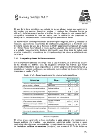 193
El uso de la tierra constituye un material de suma utilidad, puesto que proporciona
información que permite determinar, evaluar y clasificar las diferentes formas de
utilización de la tierra por el hombre; el análisis de esta información y su representación
cartográfica representa la base de partida para la realización de programas de
incorporación, reordenamiento, conservación y/o recuperación de tierras.
La determinación y descripción del uso de la tierra por categorías, clases y unidades fue
realizado, siguiendo los lineamientos de clasificación propuesta por la Comisión sobre
Inventario Mundial del Uso de la Tierra de la Unión Geográfica Internacional, efectuada
en 1956 en Río de Janeiro Brasil, el mismo que fue adaptado a las condiciones Peruanas
y al estudio respectivamente. Contiene información sobre área física de cultivo, área
anual de producción y ubicación de las principales categorías, clases y unidades de uso
de la tierra.
3.5.1 Categorías y clases de Uso encontrados
Con la información obtenida en campo sobre el uso de la tierra, en el ámbito de estudio,
se ha definido los distintos tipos de ocupación territorial, las mismas que fueron
clasificadas mediante la clave propuesta por la Unión Geográfica Internacional (UGI), y
adaptados a nuestras condiciones, que establece nueve categorías de uso, tal como se
muestra en el cuadro N° u-1-l.
Cuadro N° u-1-l. Categorías y clases de Uso actual de las tierras de Liscay
Categorías Clases
Extensión aprox.
ha %
1. Terrenos urbanos y/o instalaciones o
lugares públicos y privados
Urbano 7,3 1,13
Paisajístico 9,2 1,43
2. Terrenos con cultivos de hortalizas Agrícola hortalizas
*
3. Terrenos con cultivos permanentes Agrícola forrajero 21,5 3,33
4. Terrenos con cultivos extensivos Agrícola transitorio o anual 155,6 24,14
5. Terrenos con Praderas mejoradas Sin aplicación en la zona de estudio
6. Terrenos con pastos naturales
Pecuario con pastos
naturales 400,6 62,16
7. Terrenos con bosques naturales y/o
cultivados
Forestal cultivado 18,3 2,84
8. Terrenos pantanosos y/o cenágogos Sin aplicación en la zona de estudio
9. terrenos sin uso y/o improductivos Sin uso 32,0 4,97
TOTAL 644,5 100,00
*: Áreas no cartografiables
El primer grupo comprende a Áreas dedicadas a usos urbanos y/o instalaciones o
lugares públicos y/o privados. Las siguientes categorías están referidas a áreas
destinadas a los diferentes usos agrícolas, comprendiendo los ocupados por los cultivos
de hortalizas, cultivos permanentes (forrajeras) que ocupan el 3.3 % del ámbito de
 