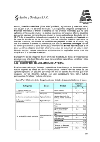 194
estudio, cultivos extensivos (Entre ellas gramíneas, leguminosas y tuberosas, otros)
que ocupan el 24.1 % del área de estudio. Las siguientes categorías corresponden a
Praderas mejoradas y Pastos naturales; de las praderas mejoradas que no tiene
aplicación en la zona de estudio; y la pastura natural, que corresponde a tierras ocupadas
por pastos naturales permanentes que ocupan la mayor parte del área de estudio con el
62.1 %. La antepenúltima categoría corresponde a las tierras ocupadas por bosques, en
la zona de estudio no se ha encontrado bosques naturales; mientras que entre los
bosques cultivados, únicamente se ha encontrado pequeños rodales de eucalipto. Hay
dos más referidos a terrenos no productivos; que son los pantanos y ciénagas que se
no tienen aplicación en la zona de estudio; y finalmente las tierras improductivas o sin
uso. La última categoría clasifican a los terrenos que se encuentran sin uso, ya sean
terrenos eriazos, laderas montañosas extremadamente empinadas, entre otras que
ocupan el 4.9 % del área de estudio.
El predominio de las categorías de uso en el área de estudio, se debe a diversos factores
principalmente a la disponibilidad de agua, características topográficas, climáticas y otros
aspectos socioeconómicos.
3.5.2 DESCRIPCIÓN DEL USO ACTUAL DE LATIERRA
En el momento del mapeo, la mayor proporción de áreas lo ocupa las tierras con pastura
natural; seguido de tierras sin uso o improductivos. Mientras que las tierras de uso
agrícola representa un pequeño porcentaje del área de estudio; los mismos que están
ocupados por los diferentes cultivos con valor agropecuario tales como cultivos
permanentes, hortalizas y cultivos extensivos.
Cuadro N° u-2-l. Extensión de las Categorías, clases y Unidades de Uso actual de tierras de Liscay.
Categorías Clases Unidad
Extensión
aprox.
ha %
1. Terrenos urbanos y/o
instalaciones o lugares públicos y
privados
Urbano Centro poblado 7,3 1,13
Paisajístico Quebradas y cauces 9,2 1,43
2. Terrenos con cultivos de hortalizas Agrícola hortalizas
Olerizas: Zanahoria, Col,
lechuga, hierbas aromáticas
*
3. Terrenos con cultivos
permanentes
Agrícola forrajero Alfalfa 21,5 3,33
4. Terrenos con cultivos extensivos
Agrícola transitorio o
anual
Tuberosas
Papa 1,3 0,20
Otros cultivos andinos:
Olluco, Mashua, Oca
0,4 0,06
Gramíneas:
Maíz 0,7 0,10
Trigo, Cebada, Avena y
otras gramíneas
30,7 4,76
Leguminosas: 0,00
Haba 1,7 0,26
Terrenos en descanso 0,00
Tierras en descanso y
barbecho
120,9 18,76
 