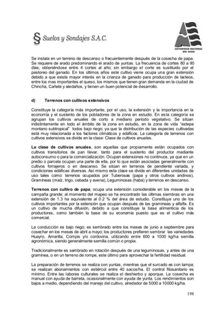 198
Se instala en un terreno de descanso o frecuentemente después de la cosecha de papa.
Se requiere de arado predominando el arado de yuntas. La frecuencia de cortes 80 a 90
días; obteniéndose entre 4 cortes al año; sin embargo el corte es sustituido por el
pastoreo del ganado. En los últimos años este cultivo viene ocupa una gran extensión
debido a que existe mayor interés en la crianza de ganado para producción de lacteos,
entre los mas importantes el queso, los mismos que tienen gran demanda en la ciudad de
Chincha, Cañete y aledaños, y tienen un buen potencial de desarrollo.
d) Terrenos con cultivos extensivos
Constituye la categoría más importante, por el uso, la extensión y la importancia en la
economía y el sustento de los pobladores de la zona en estudio. En esta categoría se
agrupan los cultivos anuales de corto a mediano periodo vegetativo. Se sitúan
indistintamente en todo el ámbito de la zona en estudio, en la zona de vida “estepa
montano subtropical” todos bajo riego; ya que la distribución de las especies cultivadas
está muy relacionada a los factores climáticos y edáficos. La categoría de terrenos con
cultivos extensivos se divide en la clase: Clase de cultivos anuales.
La clase de cultivos anuales, son aquellas que propiamente están ocupados con
cultivos transitorios de pan llevar, tanto para el sustento del productor mediante
autoconsumo o para la comercialización. Ocupan extensiones no continuos, ya que en un
predio o parcela ocupan una parte de ella, por lo que están asociadas generalmente con
cultivos forrajeros o en descanso. Se sitúan en terrenos de pendiente variada, y
condiciones edáficas diversas. Así mismo esta clase se divide en diferentes unidades de
uso tales como: terrenos ocupados por Tuberosas (papa y otros cultivos andinos),
Gramíneas (maíz, trigo, cebada y avena), Leguminosas (haba) y terrenos en descanso.
Terrenos con cultivo de papa; ocupa una extensión considerable en los meses de la
campaña grande; al momento del mapeo se ha encontrado las últimas siembras en una
extensión de 1.3 ha equivalente al 0.2 % del área de estudio. Constituye uno de los
cultivos importantes por la extensión que ocupan después de las gramíneas y alfalfa. Es
un cultivo de mucha difusión, debido a que constituye la base alimenticia de los
productores, como también la base de su economía puesto que es el cultivo más
comercial.
La conducción es bajo riego; es sembrado entre los meses de junio a septiembre para
cosechar en los meses de abril a mayo; los productores prefieren sembrar las variedades
Huayro, Amarilla, Compis y/o cordovina, utilizando entre 600 a 1000 kg/ha semilla
agronómica, siendo generalmente semilla común o propia.
Tradicionalmente es sembrado en rotación después de una leguminosas, y antes de una
gramínea, o en un terreno de rompe, este último para aprovechar la fertilidad residual.
La preparación de terrenos se realiza con yuntas, mientras que el surcado es con lampa;
se realizan abonamientos con estiércol entre 40 sacos/ha. El control fitosanitario es
mínimo. Entre las labores culturales se realiza el deshierbo y aporque. La cosecha es
manual con ayuda de barreta, ocasionalmente con ayuda de yunta. Los rendimientos son
bajos a medio, dependiendo del manejo del cultivo, alrededor de 5000 a 10000 kg/ha.
 