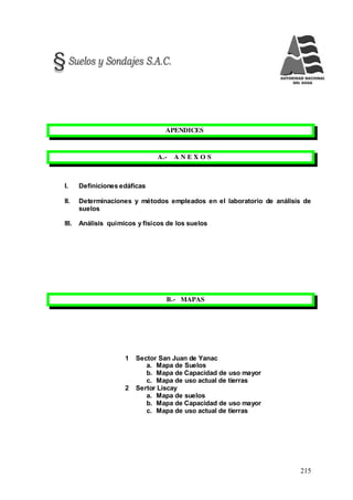 215
APENDICES
A.- A N E X O S
I. Definiciones edáficas
II. Determinaciones y métodos empleados en el laboratorio de análisis de
suelos
III. Análisis químicos y físicos de los suelos
B.- MAPAS
1 Sector San Juan de Yanac
a. Mapa de Suelos
b. Mapa de Capacidad de uso mayor
c. Mapa de uso actual de tierras
2 Sertor Liscay
a. Mapa de suelos
b. Mapa de Capacidad de uso mayor
c. Mapa de uso actual de tierras
 