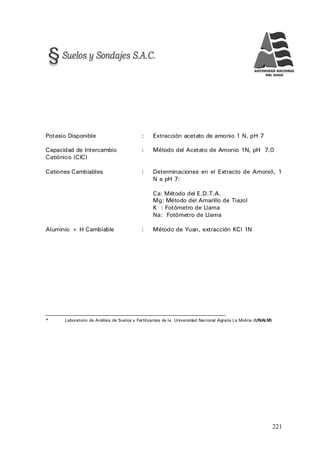 221
Potasio Disponible : Extracción acetato de amonio 1 N, pH 7
Capacidad de Intercambio : Método del Acetato de Amonio 1N, pH 7.0
Catiónico (CIC)
Cationes Cambiables : Determinaciones en el Extracto de Amonió, 1
N a pH 7:
Ca: Método del E.D.T.A.
Mg: Método del Amarillo de Tiazol
K : Fotómetro de Llama
Na: Fotómetro de Llama
Aluminio + H Cambiable : Método de Yuan, extracción KCl 1N
───────────────────────────────────────────────────────────
* Laboratorio de Análisis de Suelos y Fertilizantes de la Universidad Nacional Agraria La Molina (UNALM)
 