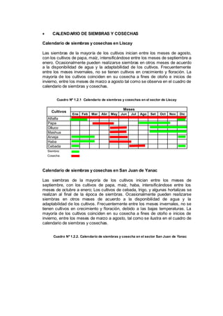  CALENDARIO DE SIEMBRAS Y COSECHAS
Calendario de siembras y cosechas en Liscay
Las siembras de la mayoría de los cultivos inician entre los meses de agosto,
con los cultivos de papa, maíz, intensificándose entre los meses de septiembre a
enero. Ocasionalmente pueden realizarse siembras en otros meses de acuerdo
a la disponibilidad de agua y la adaptabilidad de los cultivos. Frecuentemente
entre los meses invernales, no se tienen cultivos en crecimiento y floración. La
mayoría de los cultivos coinciden en su cosecha a fines de otoño e inicios de
invierno, entre los meses de marzo a agosto tal como se observa en el cuadro de
calendario de siembras y cosechas.
Cuadro Nº 1.2.1 Calendario de siembras y cosechas en el sector de Liscay
Ene Feb Mar Abr May Jun Jul Ago Set Oct Nov Dic
Alfalfa
Papa
Olluco
Mashua
Arveja
Haba
Cebada
Siembra:
Cosecha:
Meses
Cultivos
Calendario de siembras y cosechas en San Juan de Yanac
Las siembras de la mayoría de los cultivos inician entre los meses de
septiembre, con los cultivos de papa, maíz, haba, intensificándose entre los
meses de octubre a enero; Los cultivos de cebada, trigo, y algunas hortalizas se
realizan al final de la época de siembras. Ocasionalmente pueden realizarse
siembras en otros meses de acuerdo a la disponibilidad de agua y la
adaptabilidad de los cultivos. Frecuentemente entre los meses invernales, no se
tienen cultivos en crecimiento y floración, debido a las bajas temperaturas. La
mayoría de los cultivos coinciden en su cosecha a fines de otoño e inicios de
invierno, entre los meses de marzo a agosto, tal como se ilustra en el cuadro de
calendario de siembras y cosechas.
Cuadro Nº 1.2.2. Calendario de siembras y cosecha en el sector San Juan de Yanac
 