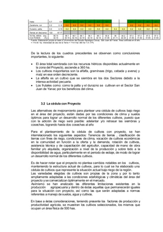 Haba 0.7 0.4 0.7 0.7 0.7 0.7 0.7 0.7 0.7 0.7 0.7 0.7
Zanahoria, col 0.2 0.10 0.2 0.2 0.2 0.2 0.2 0.2 0.2 0.2 0.2 0.2
Durazno, palta 0.2 0.10 0.2 0.2 0.2 0.2 0.2 0.2 0.2 0.2 0.2 0.2 0.2 0.2
Tierras en descanso 122 67.77
TOTAL AREA (ha)
CULTIVADA (%)
58.10
32.10
58.1
32.10
58.1
32.10
58.1
32.10
58.1
32.10
58.1
32.10
55.9
31.05
38
21.11
40.2
22.33
57.3
31.83
57.3
31.83
57.3
31.83
57.3
31.83
Fuente: Elaboración propia en base a inf ormación del Estudio Agrológico Liscay San Juan de Yanac. Area cultiv ada en el año
= 114.40 ha, Intensidad de Uso de la Tierra = 114.4 ha/ 360 ha = 31.77%
De la lectura de los cuadros precedentes se observan como conclusiones
importantes, lo siguiente:
 El área total sembrada con los recursos hídricos disponibles actualmente en
la zona del Proyecto, asciende a 360 ha.
 Los cultivos mayoritarios son la alfalfa, gramíneas (trigo, cebada y avena) y
maíz en ese orden decreciente.
 La alfalfa es un cultivo que se siembra en los dos Sectores debido a la
intensa actividad pecuaria.
 Los frutales como: como la palta y el durazno se cultivan en el Sector San
Juan de Yanac por los beneficios del clima.
3.2 La cédula con Proyecto
Las alternativas de mejoramiento para plantear una cédula de cultivos bajo riego
en el área del proyecto, están dadas por las condiciones de clima y suelos
óptimos para lograr un desarrollo normal de los diferentes cultivos, puesto que
con la adición de riego será posible: adelantar y/o retrasar las siembras y
cosechas, logrando hasta dos cosechas al año
Para el planteamiento de la cédula de cultivos con proyecto, se han
interrelacionado los siguientes aspectos: Tenencia de tierras , clasificación de
tierras con fines de riego, condiciones de clima, vocación de cultivos económicos
en la comunidad en función a la oferta y la demanda, rotación de cultivos,
asistencia técnica y de capacitación del agricultor, capacidad de mano de obra
familiar y/o alquilada, organización a nivel de la producción y sobre todo a la
disponibilidad de agua, particularmente en el periodo de estiaje, de modo de lograr
un desarrollo normal de los diferentes cultivos.
Es de hacer notar que el proyecto no plantea cambios notables en los cultivos,
manteniendo la estructura actual de cultivos, para lo cual se ha elaborado una
cédula de cultivos que represente la situación actual bajo riego de la región.
Las variedades elegidas de cultivos son propias de la zona y por lo tanto
ampliamente adaptadas a las condiciones edafológicas y climáticas del área del
proyecto y se comercializan óptimamente en el mercado.
Asimismo se han analizado las diferentes limitaciones existentes en la
producción agropecuaria y dentro de éstas aquellas que permanecerán iguales
para la situación con proyecto, así como las que serán adaptadas a normas
referentes a manejo de suelos, agua y cultivos.
En base a éstas consideraciones, teniendo presente los factores de producción y
productividad agrícola, se muestran los cultivos seleccionados, los mismos que
ocupan un área física de 500 has.
 