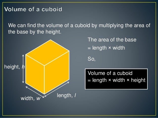 6cm
3cm
2cm
10cm
4cm
2cm
Volume of cuboid = length x width x height
= 6 x 3 x 2
= 36cm3
Volume of cuboid = length x width ...