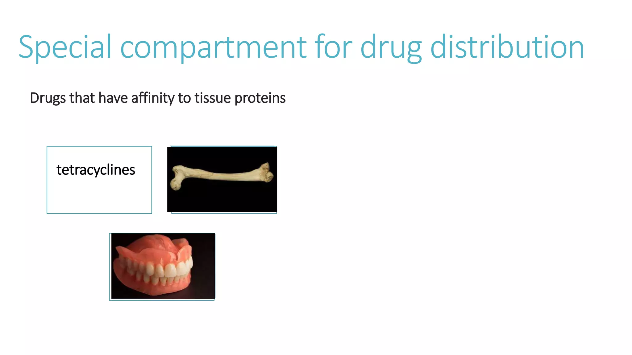 Special compartment for drug distribution
Drugs that have affinity to tissue proteins
retina
liver
tetracyclines
 