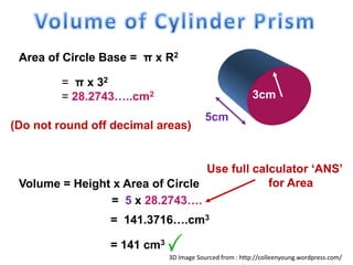 5cm
3cm
Area of Circle Base = π x R2
= π x 32
= 28.2743…..cm2
Volume = Height x Area of Circle
= 5 x 28.2743….
= 141 cm3
Use full calculator ‘ANS’
for Area
= 141.3716….cm3
(Do not round off decimal areas)
3D Image Sourced from : http://colleenyoung.wordpress.com/
 