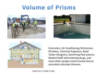 Image Source: Google Images
Concreters, Air Conditioning Technicians,
Plumbers, Chemical Engineers, Road
Tanker Designers, Swimming Pool owners,
Medical Staff administering drugs, and
many other people need to know how to
accurately calculate Volumes.
 