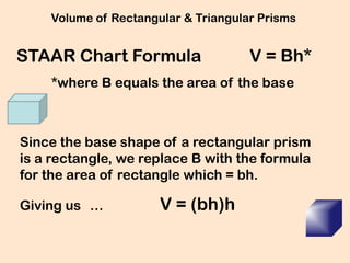 Volume of Rectangular & Triangular Prisms


STAAR Chart Formula                  V = Bh*
    *where B equals the area of the base



Since the base shape of a rectangular prism
is a rectangle, we replace B with the formula
for the area of rectangle which = bh.

Giving us …           V = (bh)h
 