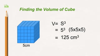 Finding the Volume of Cube
5cm
V= S3
= 53 (5x5x5)
= 125 cm3
 
