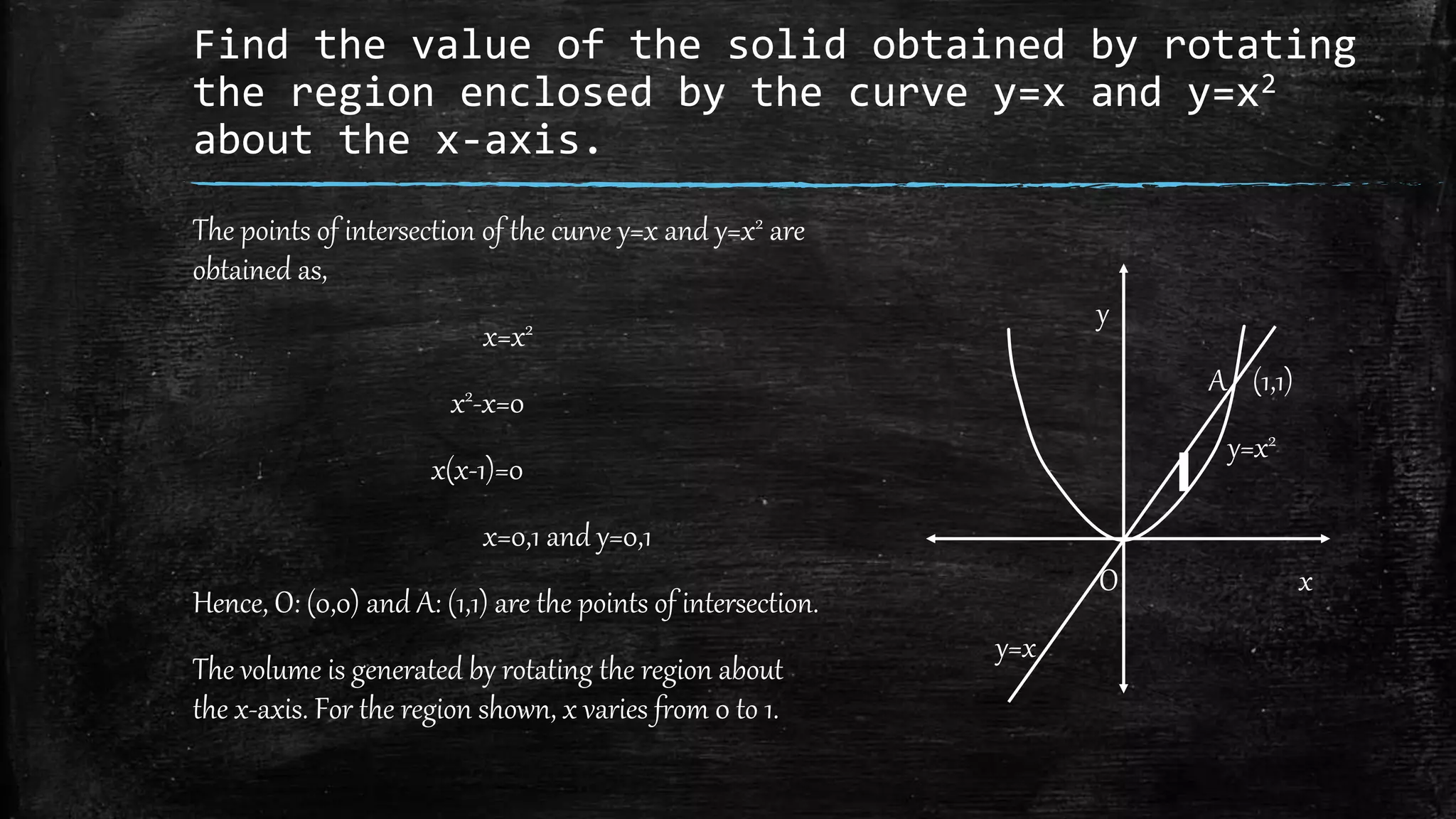 Find the value of the solid obtained by rotating
the region enclosed by the curve y=x and y=x2
about the x-axis.
The points of intersection of the curve y=x and y=x2 are
obtained as,
x=x2
x2-x=0
x(x-1)=0
x=0,1 and y=0,1
Hence, O: (0,0) and A: (1,1) are the points of intersection.
The volume is generated by rotating the region about
the x-axis. For the region shown, x varies from 0 to 1.
y
A (1,1)
y=x2
O x
y=x
 