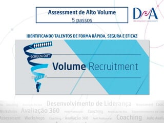 Assessment de Alto Volume
5 passos
IDENTIFICANDO TALENTOS DE FORMA RÁPIDA, SEGURA E EFICAZ
 