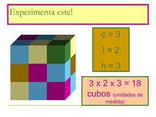 Experimenta este!
c = 3
l = 2
h = 3
3 x 2 x 3 = 18
cubos (unidades de
medida)
 
