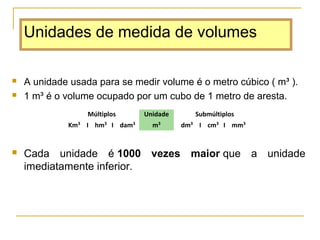  A unidade usada para se medir volume é o metro cúbico ( m³ ).
 1 m³ é o volume ocupado por um cubo de 1 metro de aresta.
 Cada unidade é 1000 vezes maior que a unidade
imediatamente inferior.
Unidades de medida de volumes
Múltiplos
Km3
I hm3
I dam3
Unidade
m3
Submúltiplos
dm3
I cm3
I mm3
 