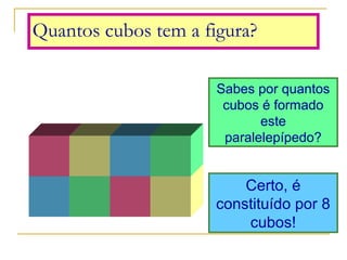Quantos cubos tem a figura?
Sabes por quantos 
cubos é formado 
este 
paralelepípedo?
Certo, é 
constituído por 8 
cubos!
 