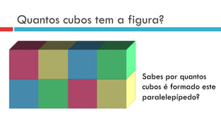 Quantos cubos tem a figura?
Sabes por quantos
cubos é formado este
paralelepípedo?
 