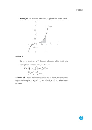 Módulo 2




      Resolução:
                                     y

                                     2                             y = x3

                                    1,5

                                     1

                                    0,5


                    −1       −0,5     0        0,5          1       1,5     2   x

                                −0,5

                                    −1


Figura 8.16

      De y        x 3 temos x         y1/ 3 . Logo, o volume do sólido obtido pela

      revolução em torno do eixo y é dado por
                         d            2             1
              V              g y          dy            y 2/ 3dy
                         c                          0

                    3 5/ 3 1              3
                       y                     u.v.
                     5     0               5
Exemplo 8.8 Calcule o volume do sólido que se obtém por rotação da
região limitada por x 2             y 2 , 2y x 2                   0,x      0 e x 1em torno
do eixo x .




                                                                                                  341
 