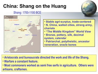 China: Shang on the Huang Shang: 1700-1100 BCE Aristocrats and bureaucrats directed the work and life of the Shang.  Warfare a constant feature. Most commoners worked as semi free serfs in agriculture.  Others were artisans, craftsmen. Stable agri-surplus, trade-centered N. China, walled cities, strong army, chariots “ The Middle Kingdom” World View Bronze, pottery, silk, decimal system, calendar Patriarchal, polytheistic, ancestor veneration, oracle bones 